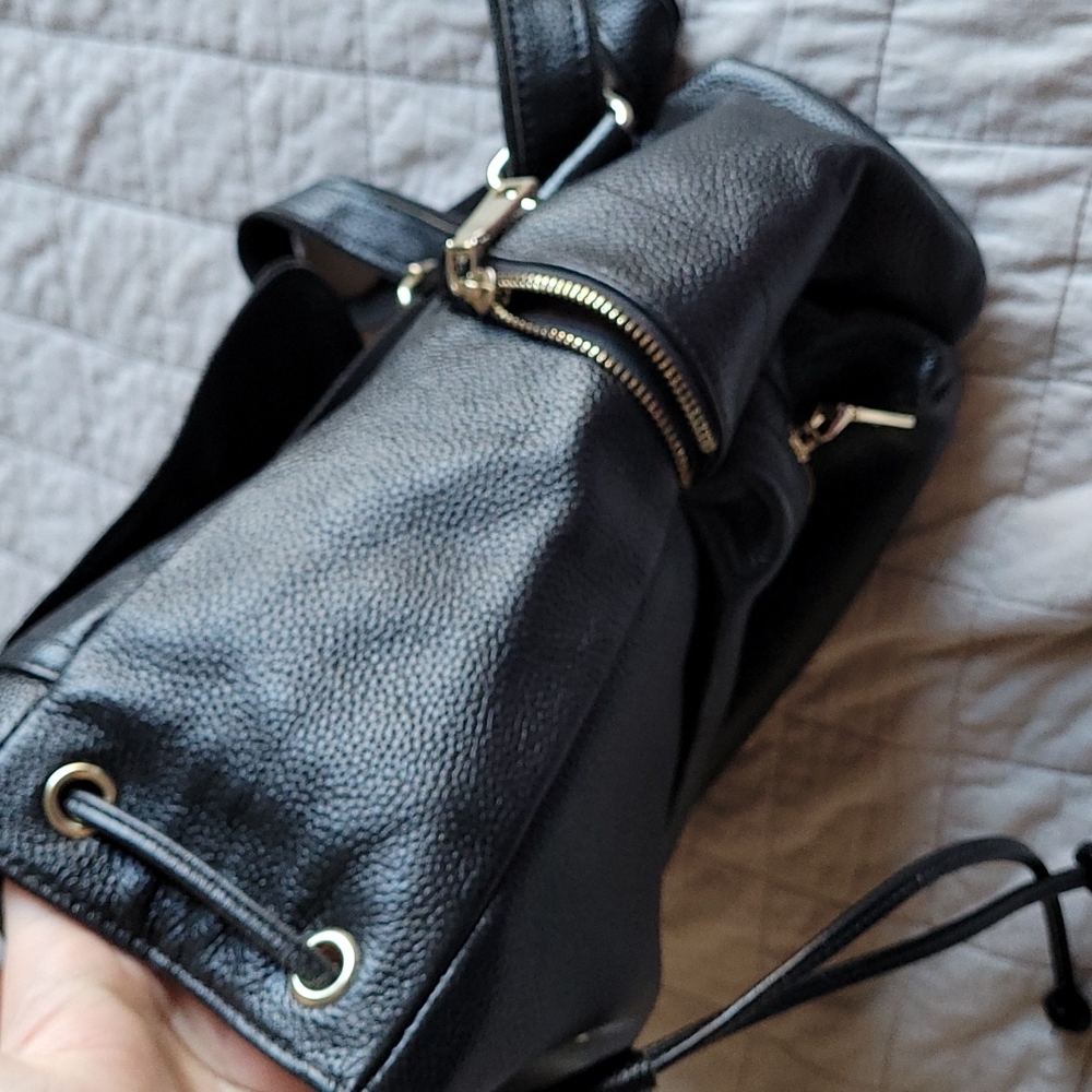 EUC Black Pebbled Leather w Gold Backpack - Picture 5 of 14